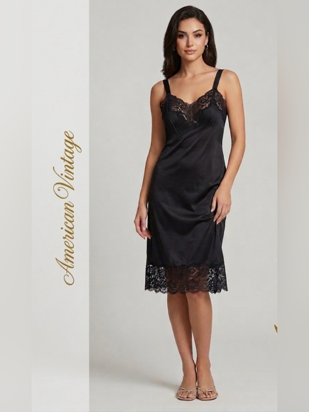 Vintage American Black Nylon Slip Dress with Lace Trim, Size Small Made In USA